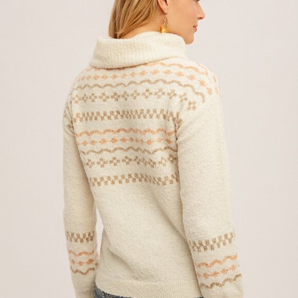 BOUTIQUE HEM & THREAD Fair Isle Turtleneck Sweater Ivory Beige Knit Pullover - Picture 6 of 8